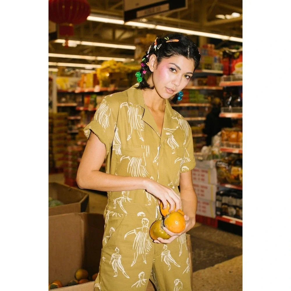 My Little Belleville Green Cream Printed Cotton Willow Boiler-Suit Jumpsuit Sz L - Picture 2 of 14